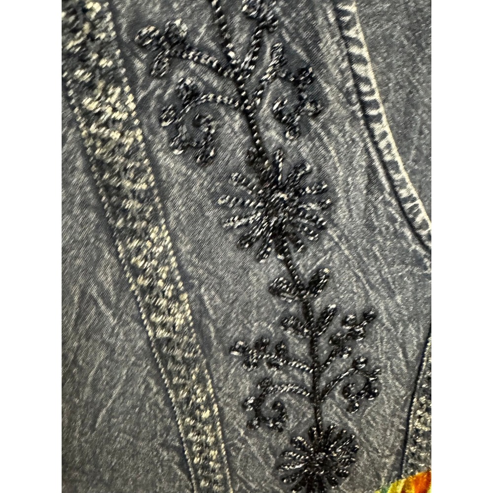 030 Young Threads Mixed Media Patchwork Beaded Boho Midi Dress Grey Floral M - Picture 2 of 9